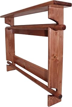 Wall Mounted Wooden Quilt Rack with Shelf 2 Dowel Quilt Display Holder Holds 2 Quilts One Display Shelf Made from Pine Wood Red Chestnut Stain Color Blanket Shelf