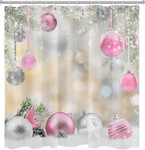 Miniatura 6 de LB Pink Christmas Shower Curtain Sets with Rugs Silver Xmas Ball with Green Fir Branches Winter Holiday Fabric Shower Curtain with Hooks New Year