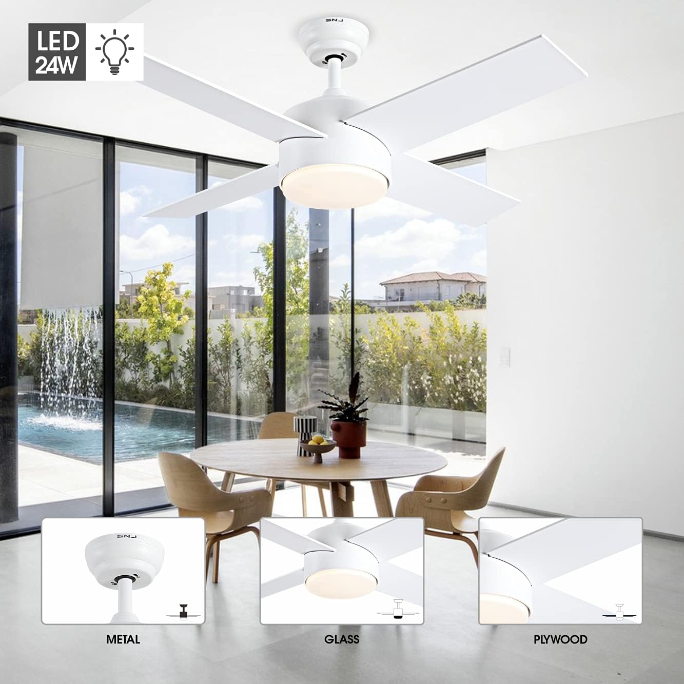 Ceiling Fan with Lights and Remote Control,SNJ Modern Ceiling Fan for Living Room Bedroom Dining Room,Indoor (White) - - 