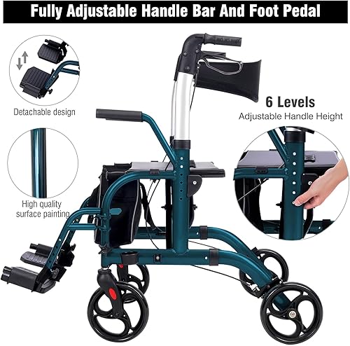 Miniatura 9 de WINLOVE Andadores con ruedas 2 en 1 para personas mayores con asiento acolchado, silla de transporte médico con mango ajustable y respaldo