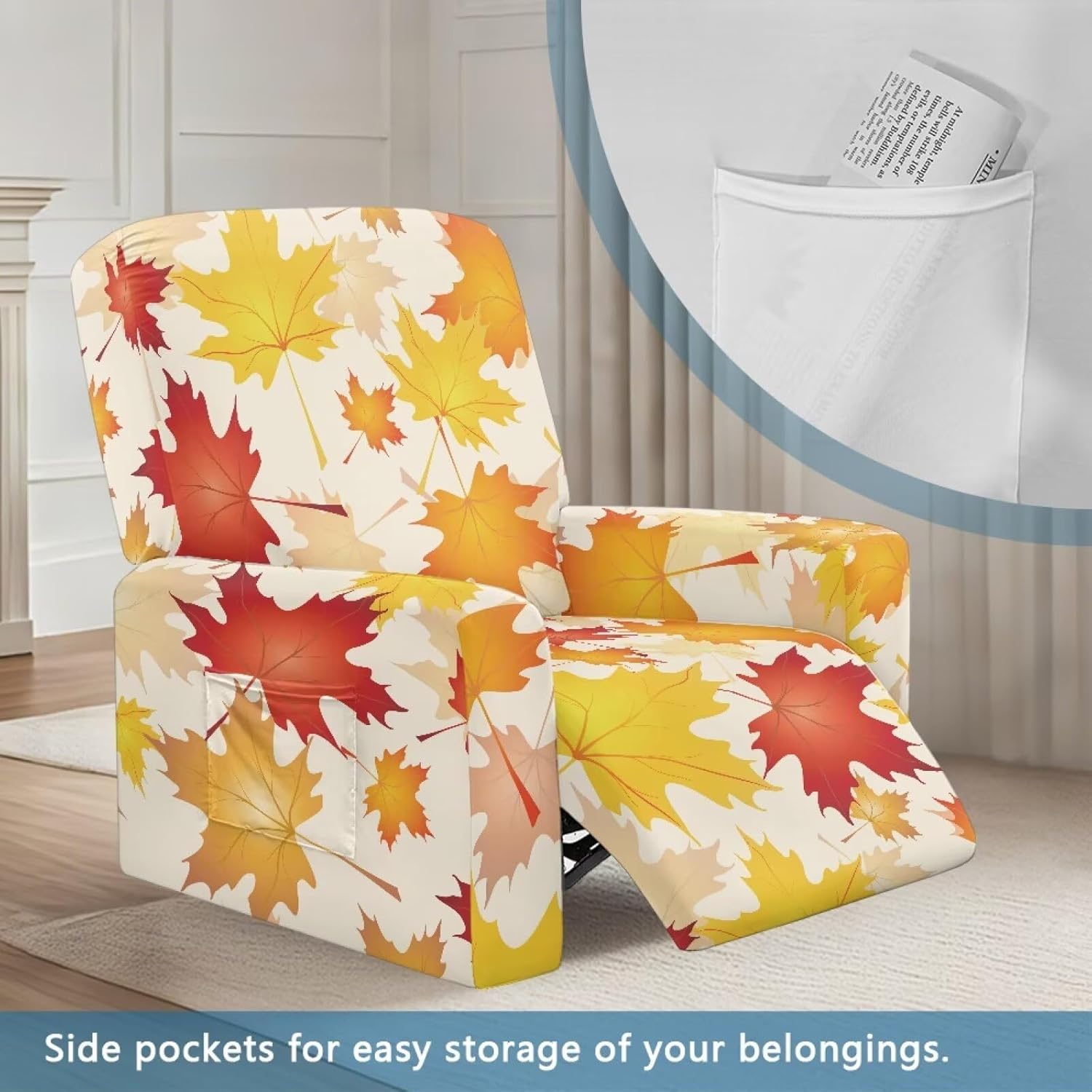 FOR U DESIGNS Maple Leaves Cover for Recliner Chair 4-Piece Stretch Set with Storage Pockets Washable Furniture Protector Elastic Edges Stay in Place for Small Recliners