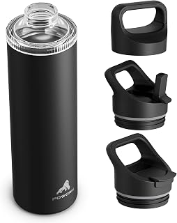 24 oz Insulated Water Bottle for Sports: 3 Lids, Leakproof, Keep Cold 24H, Car Cupholder Friendly, Stainless Steel Water Flask with Straw and Spout Caps for Gym, School, Work, Cycling (Midnight Black)