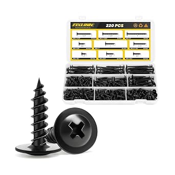 Wood Screws 5/8 Inch, 145 PCS and Assortment Kit 220PC FIXLINK Premium Phillips High Hardness Truss Head Black Wood Screws, Self Tapping Electrophoresis Modified Fast Truss Head Wood Screw, Black
