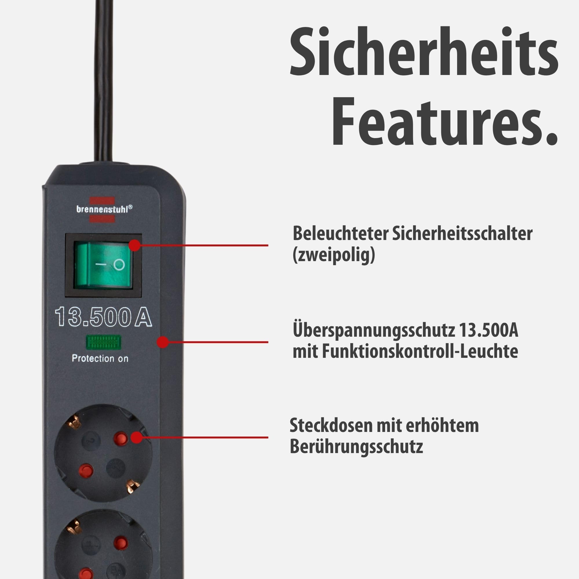 Brennenstuhl 3er Set Eco-Line Steckdosenleiste 6-Fach, 1,5m Kabel | Mit Überspannungsschutz, Mehrfachsteckdose mit erhöhtem Berührungsschutz, Schalter, anthrazit