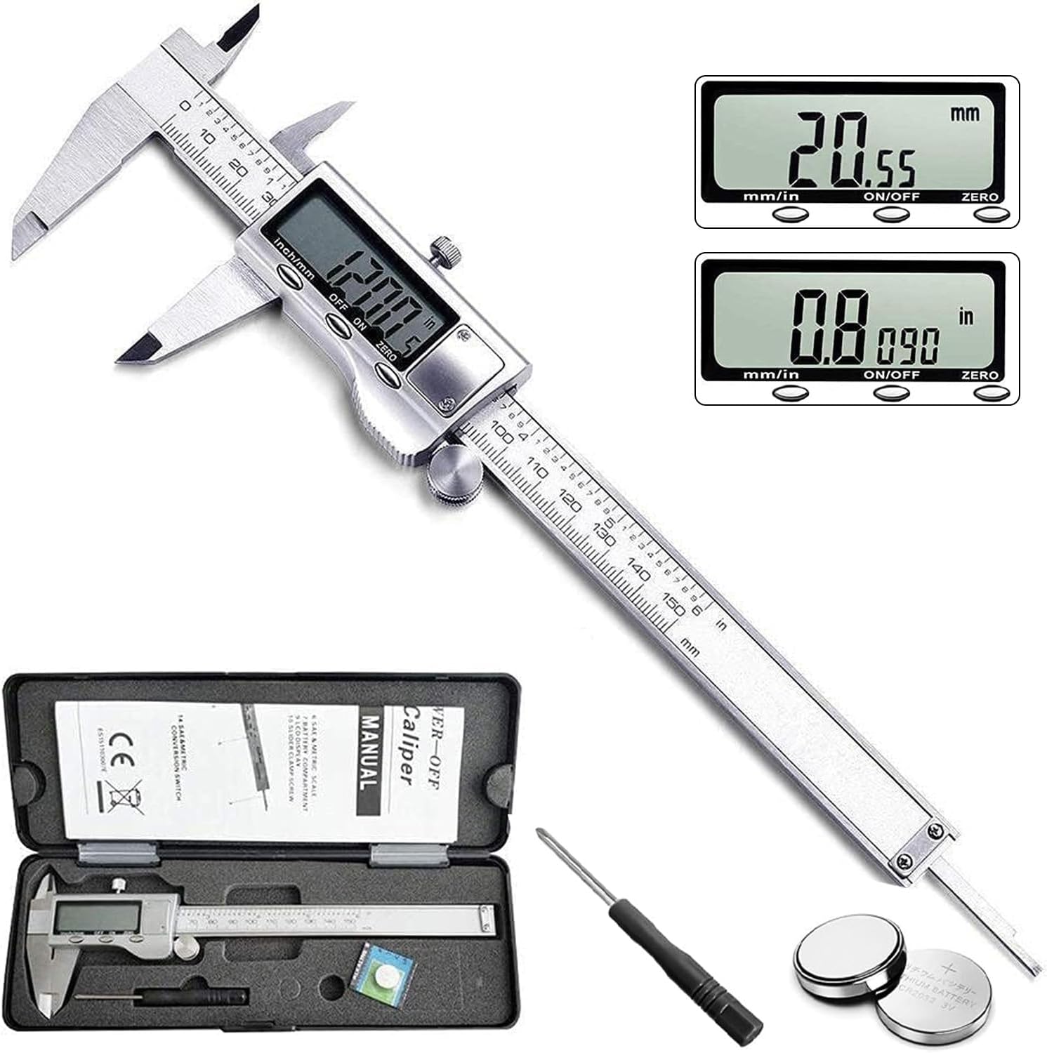 Digital Caliper, Caliper Measuring Tool with Stainless Steel, Electronic Micrometer Caliper with Large LCD Screen, Auto-Off Feature, Inch and Millimeter Conversion (6 Inch/150 mm)