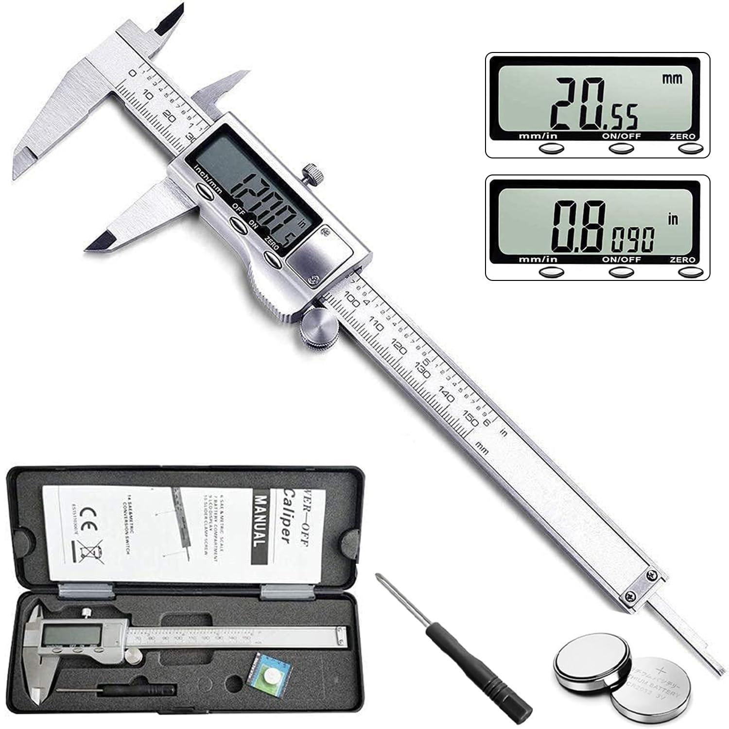 3Clock Digital Caliper, Caliper Measuring Tool with Stainless Steel, Electronic Micrometer Caliper with Large LCD Screen, Auto-Off Feature, Inch and Millimeter Conversion (6 Inch/150 mm)