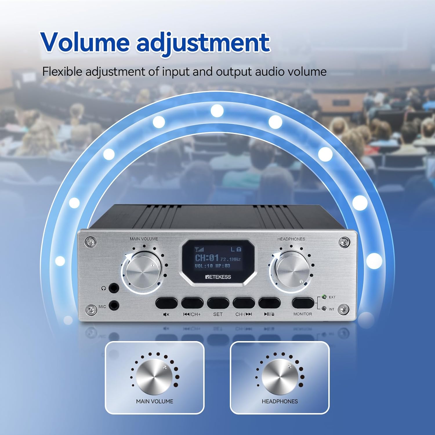 Retekess TT119 transmitter showing main volume and headphones volume knobs for flexible audio adjustment.