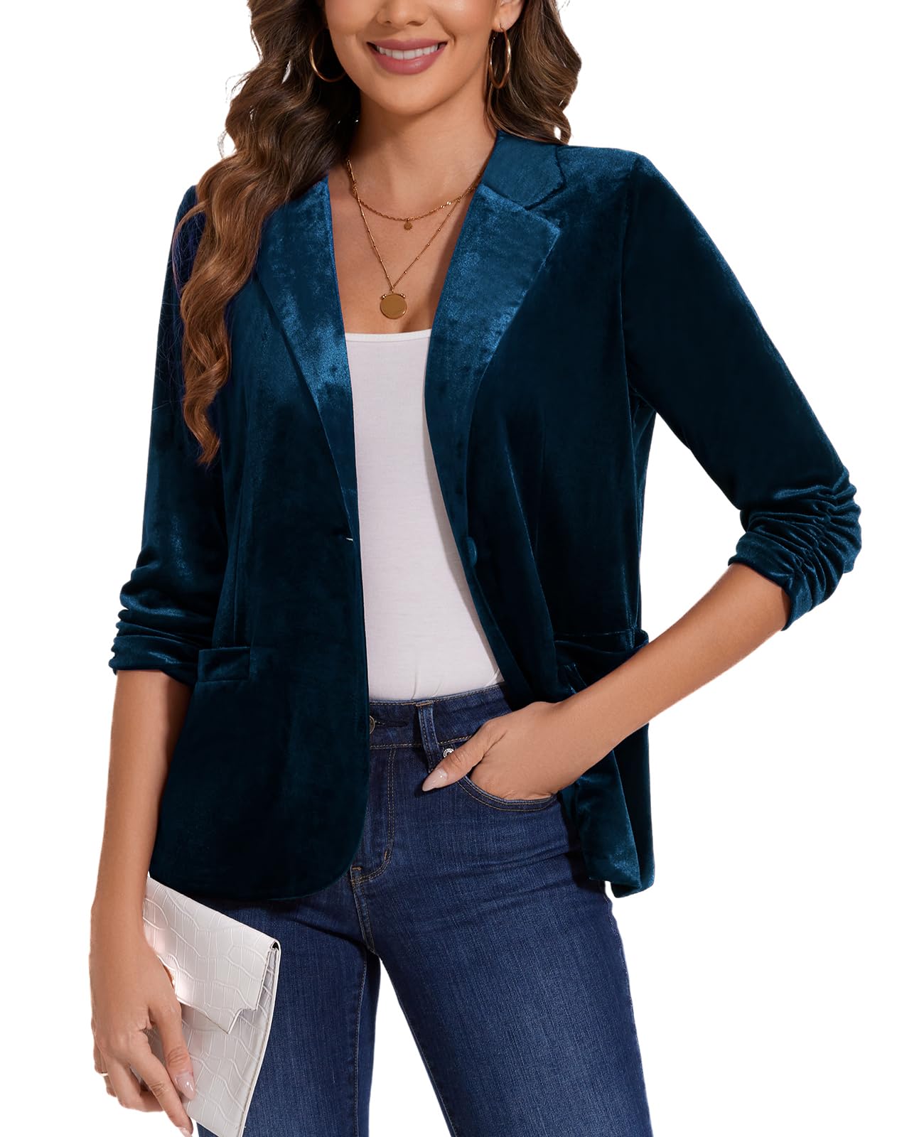 MINTLIMIT Womens Velvet Blazer Ruched 3 4 Sleeve Jacket Notch Lapel Button Open Front Casual Blazers with Pockets