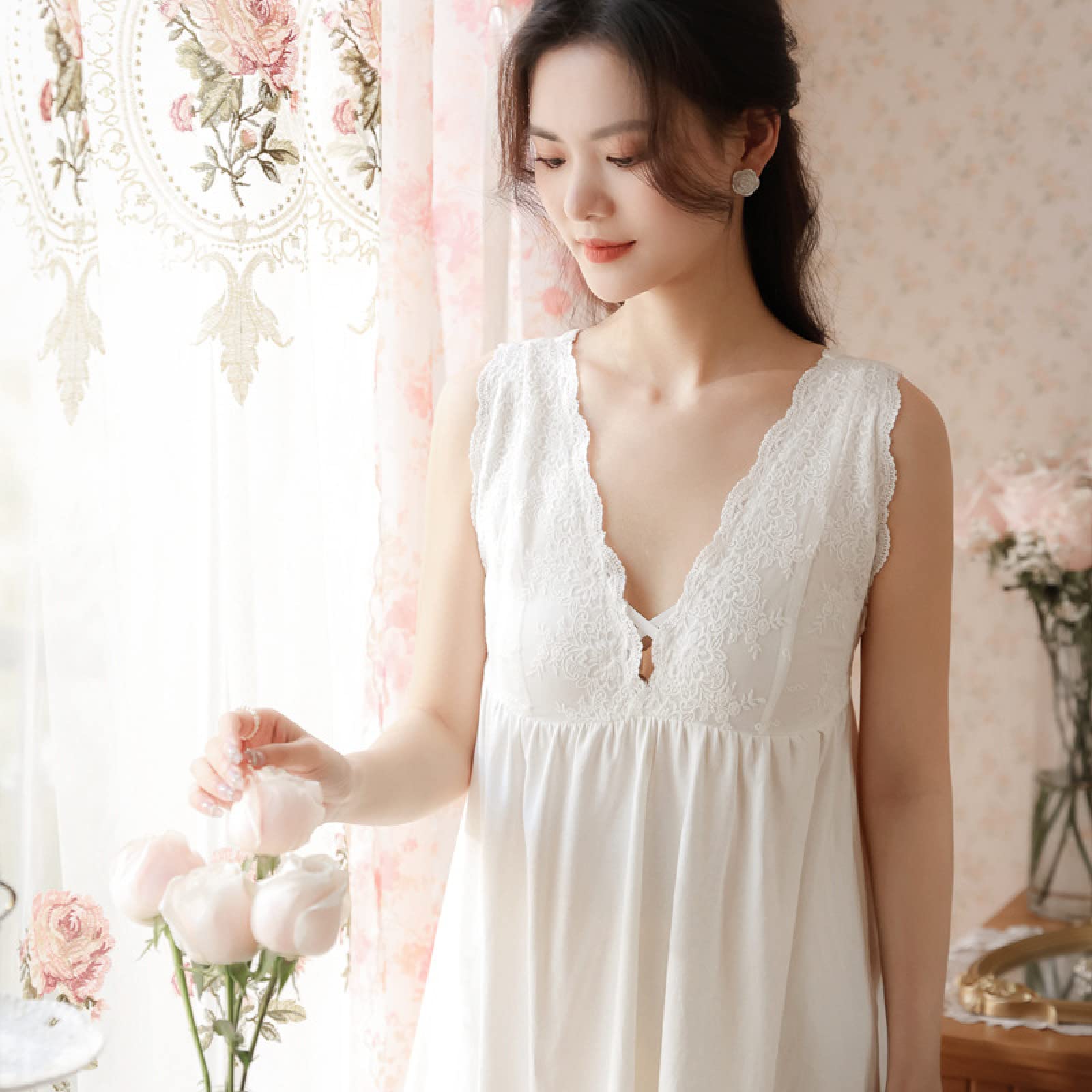 OFFSUM Camicia da Notte Donna - Camicia da Notte Vintage in Stile Principessa con Bretelle Bianche Senza Maniche in Pizzo con Ricamo Elegante Sexy in Cotone