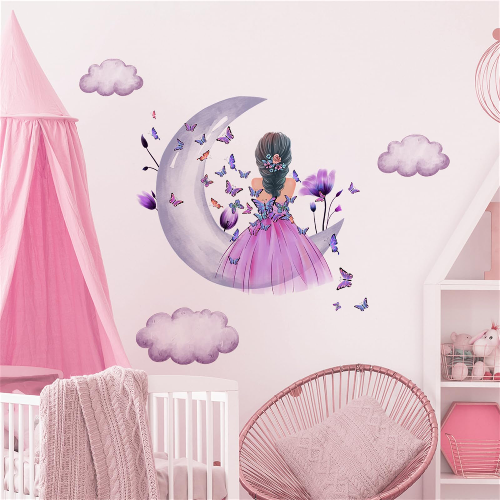 Purple Girl Wall Stickers for Girls Bedroom Moon & Butterfly Wall Decals with Clouds & Flowers - Image 2