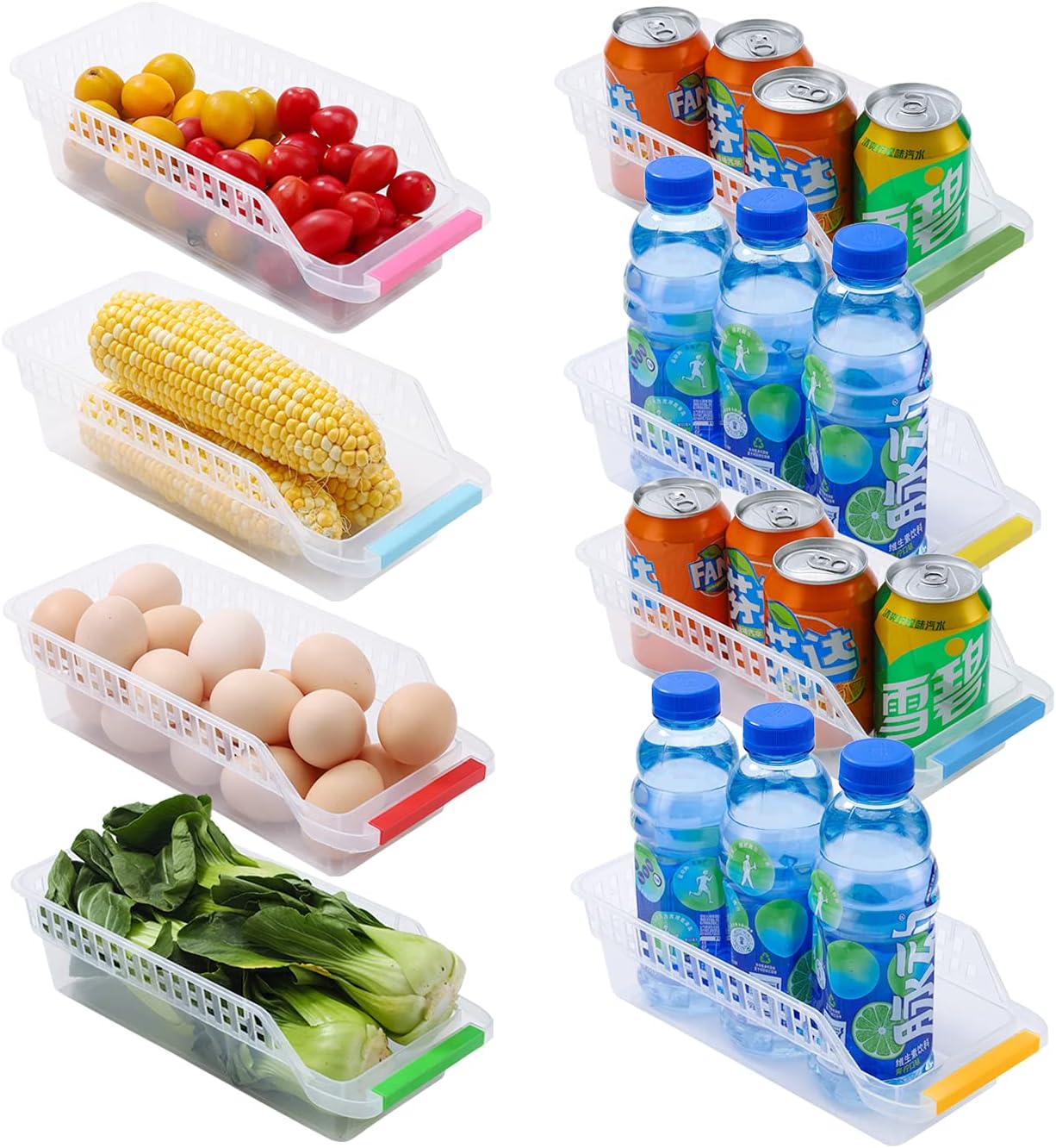 Fridge Organisers Refrigerator Durable Storage Organizer Fruit Handled Kitchen Collecting Box Basket Rack Stand Basket Container (8Pcs)