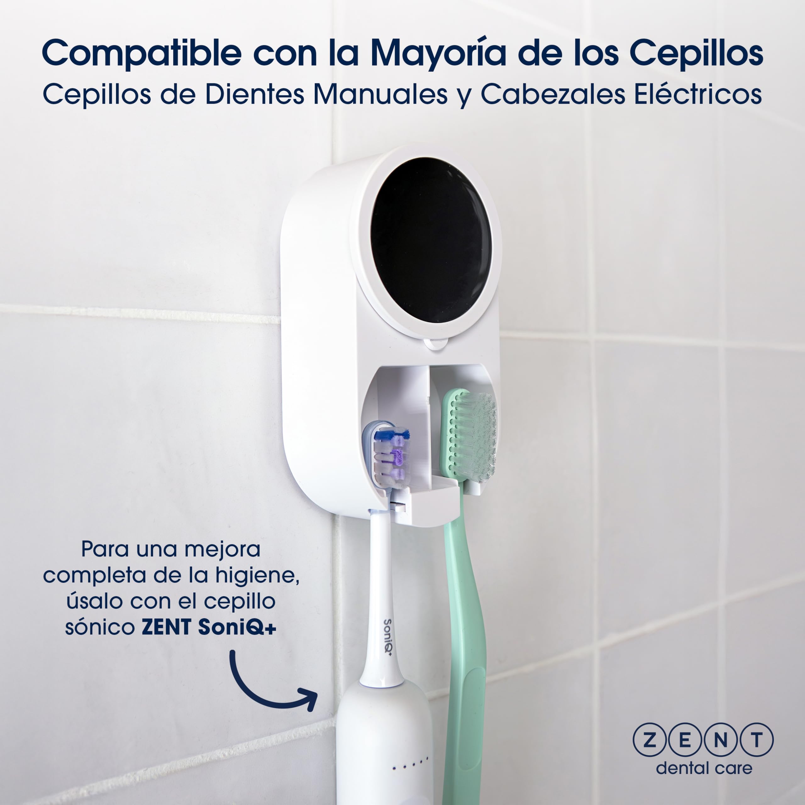 ZENT Esterilizador Cepillo Dientes - Desinfección Doble UV-C y UV-A - Higienizador Cepillo Dientes - Montaje Sin Taladro - Esterilización Automática con Batería 50 Días - Pantalla HD