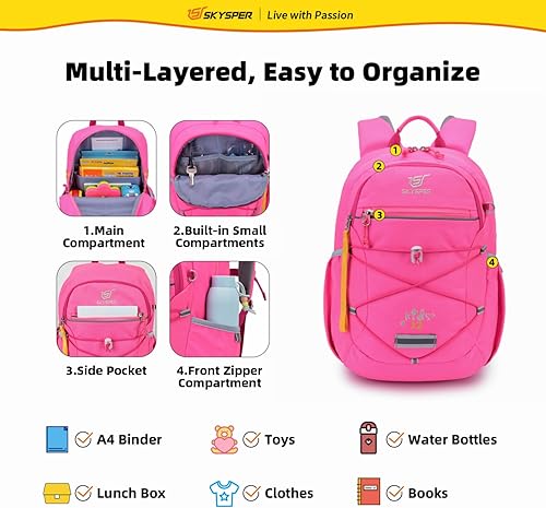 Miniatura 4 de SKYSPER Mochila escolar para niños de 4 a 8 años, para viajes, clases, Rosado, Mochilas de viaje