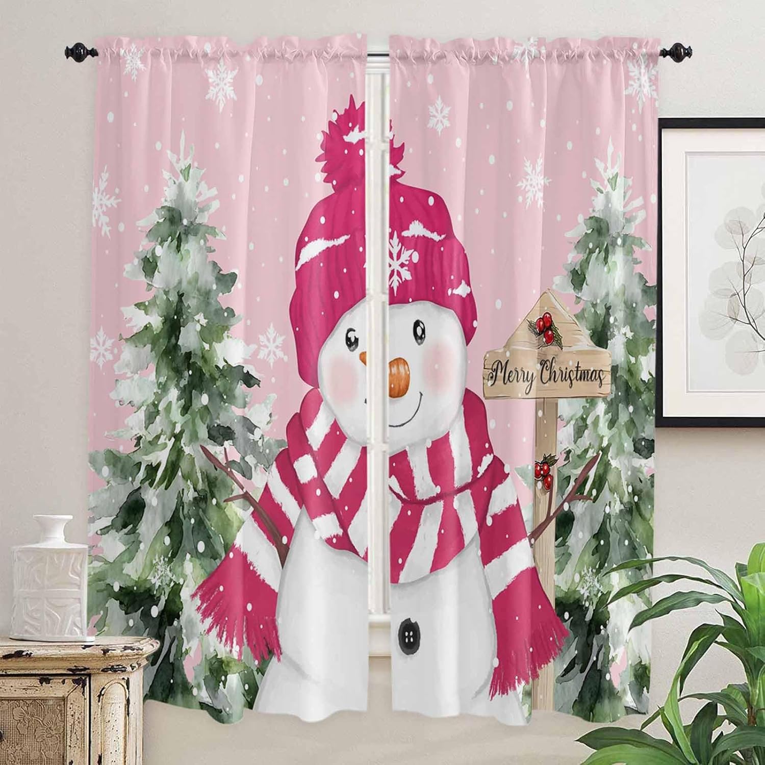 Pink Christmas Window Curtains 72 Inch Long 2 Panel Set, Rod Pocket Long Curtains & Drapes, Winter Snowman Pine Tree Snowflakes Light Filtering Window Treatment for Bedroom Living Room 52"W x 72"L