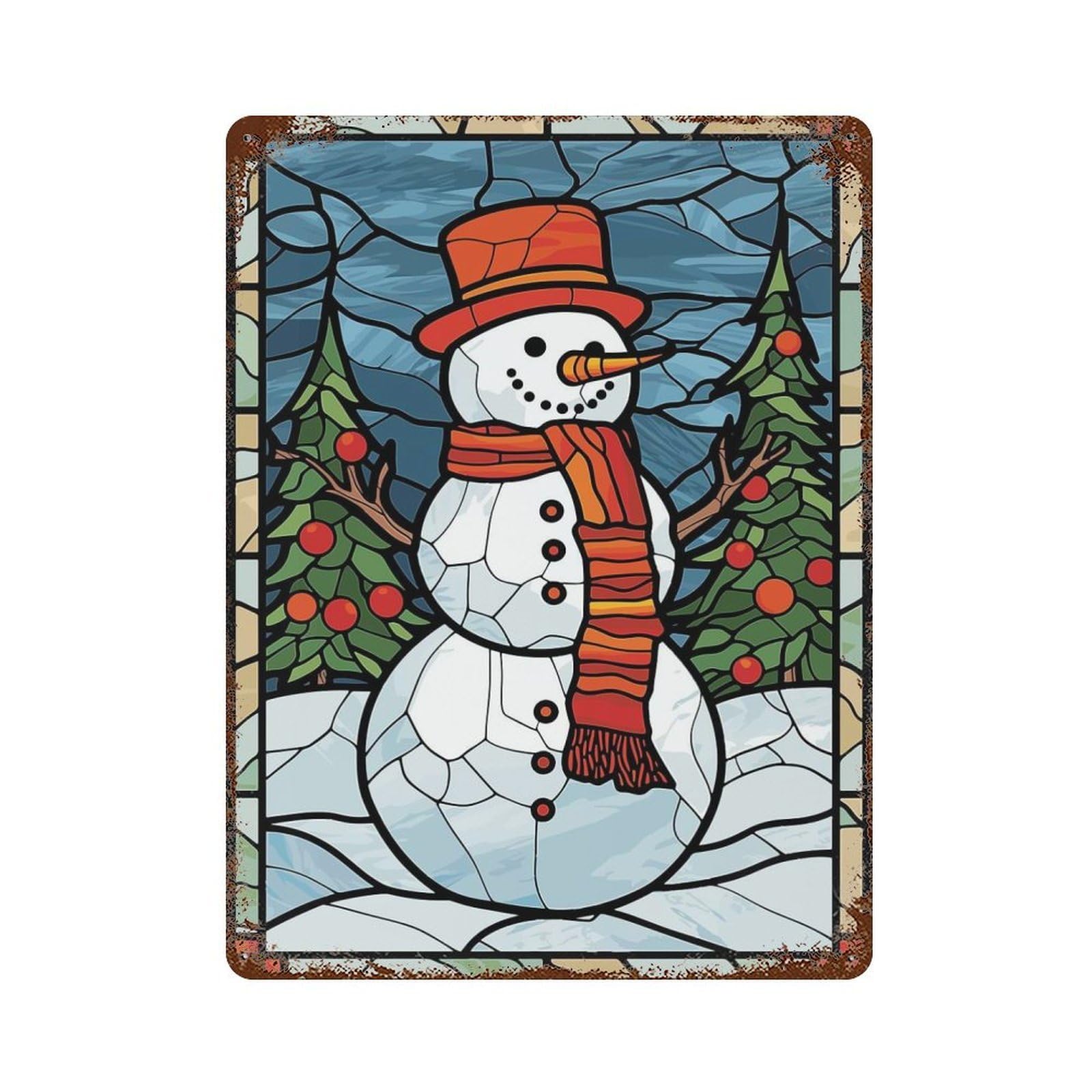 Weathered Tin Sign with Snowman Stained Glass Design 15.7"x11.8", for Garage, Bar And Workshop Decor, Decorative Metal Wall Art