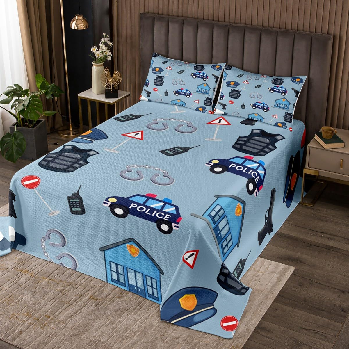 Police Car Quilted Coverlet Policeman Vehicle Bedspread Queen for Kids Teens Boys Cute Cartoon Cars Print Decor Bedding Set Rescue Vehicles Bedroom Coverlet Sets 3 Pieces