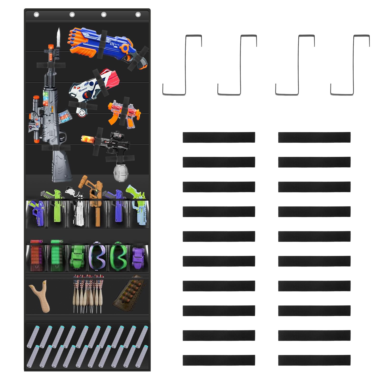 Menibbler Black Over The Door Organizer For Toy 600D Oxford Cloth Toys Storage Door Hanger With Pockets And Slots For Kids Foam Blasters Darts Goggles(Black)