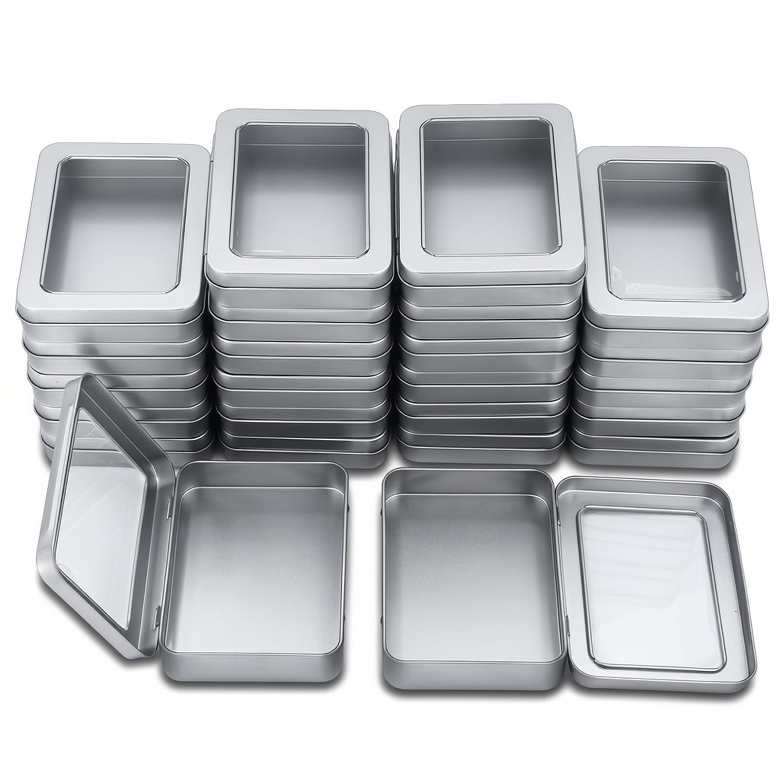 Goodma 24 Pieces Rectangle Metal Tins Containers with Hinged Window Lids Mini Storage Organizer Set for Home Kitchen, Office and School Supplies, 11.5 x 8.5 x 2.2 cm (Silver)