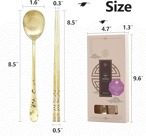 Miniatura 7 de BALWOO Hecho en Corea Diseño de pintura de grúa Mesa coreana Cuchara de arroz pegajosa y palillos Acero inoxidable 304 Chapado en titanio dorado