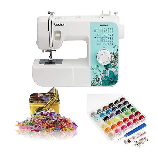 Brother SM3701 37-Stitch Sewing Machine (Multicolor) Bundle with 36 Pieces Bobbins and Sewing Thread with Case and Sewing Clips