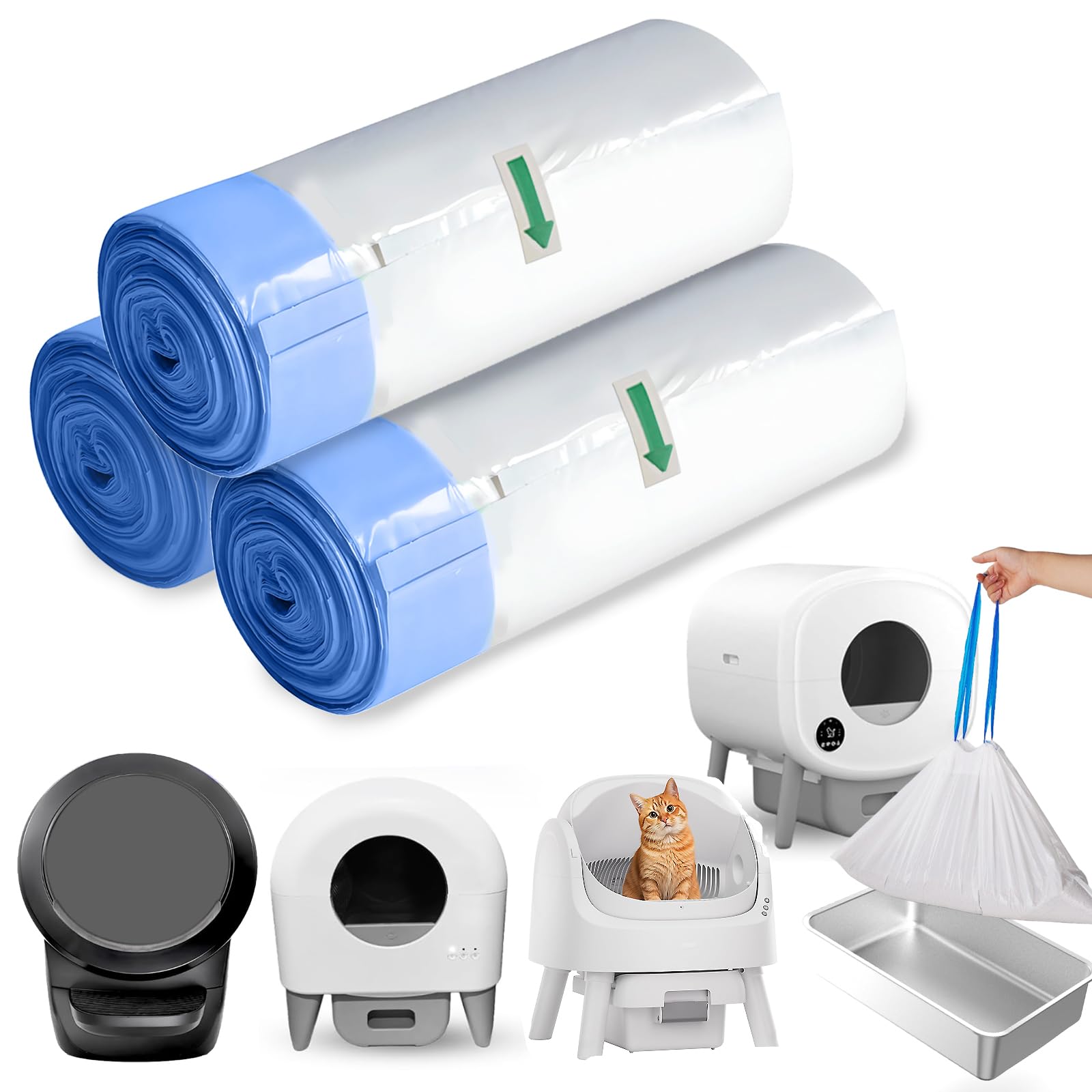 Self Cleaning Cat Litter Box Liners-60 Counts, Extra Thick Litter Bags for Automatic Cat Litter Box Robot with Drawstring Trash Bags