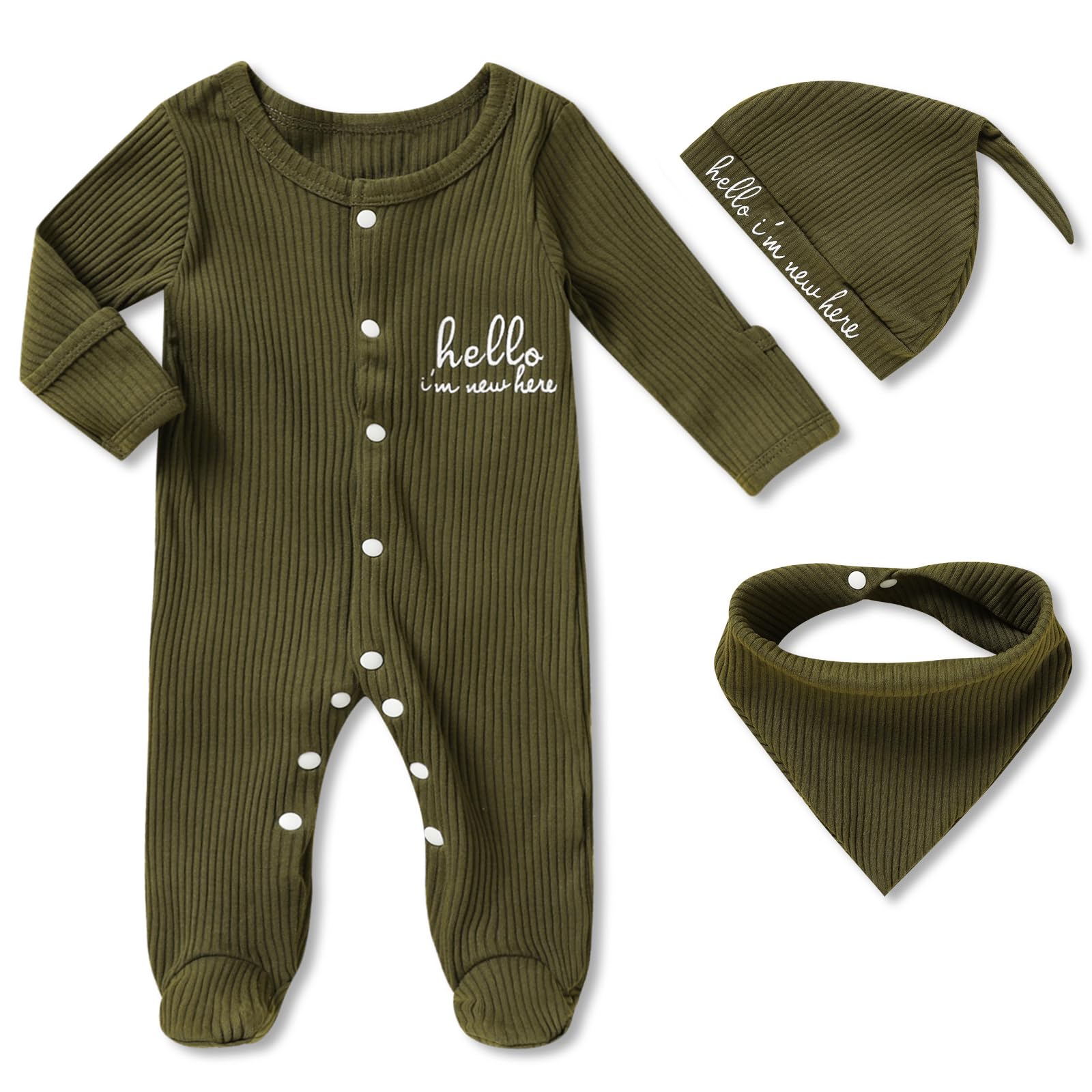 ZOELNIC Newborn Infant Baby Boy Coming Homing Clothes Letter Print Button Knit Footed Romper Jumpsuit Hat Bibs 3pcs Outfit
