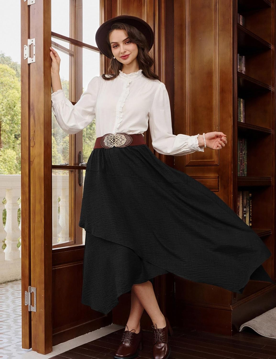 Belle Poque Women Vintage Skirt Asymmetrical Hem Flowy Maxi Skirts with Pockets - Image 6