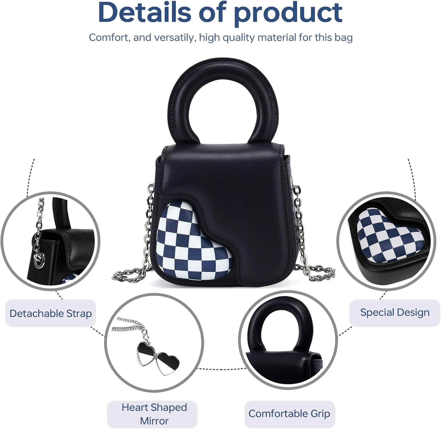 LA'FESTIN Mini Crossbody Bag for Women Genuine Leather Top-Handle Handbag with Heart-shape Mirrors & Long Chain Strap