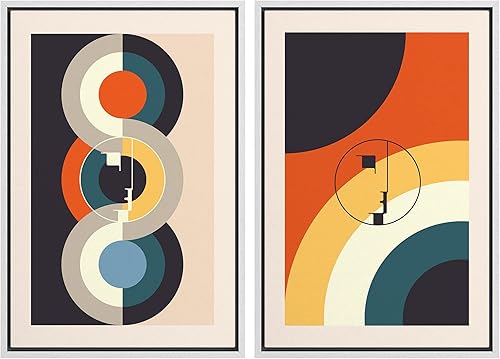 Miniatura 128 de IDEA4WALL Lienzo enmarcado para pared, juego de arte Bauhaus dorado de mediados de siglo, patrón de cuadrícula moderna, ilustraciones con formas