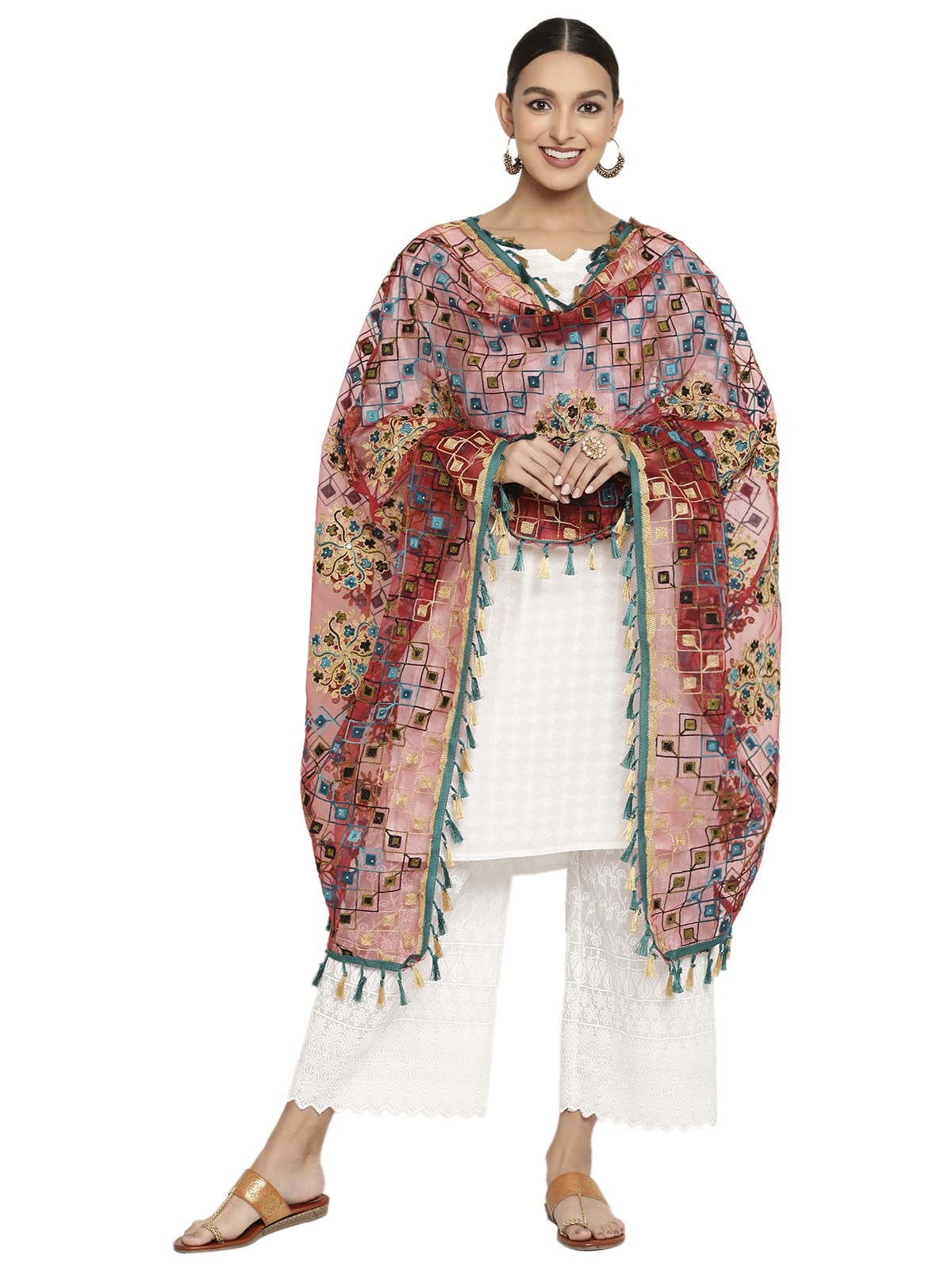 Shasmi Women's Heavy Maroon Colour Net Embroidered Fancy Phulkari Work Dupatta For Women (Football 2 Maroon Dupatta)