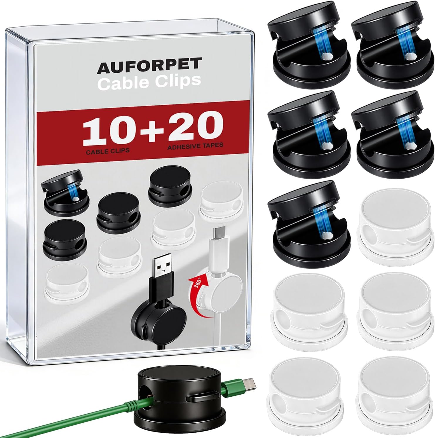 10Pack Magnetic Rotatable Cord Holder with Box, 360°Rotating Clips Cable Organizer for Nightstand, with No-Residue Strong Adhesive for Desk, Phone Cord for Home, Office, Car, Travel Accessories