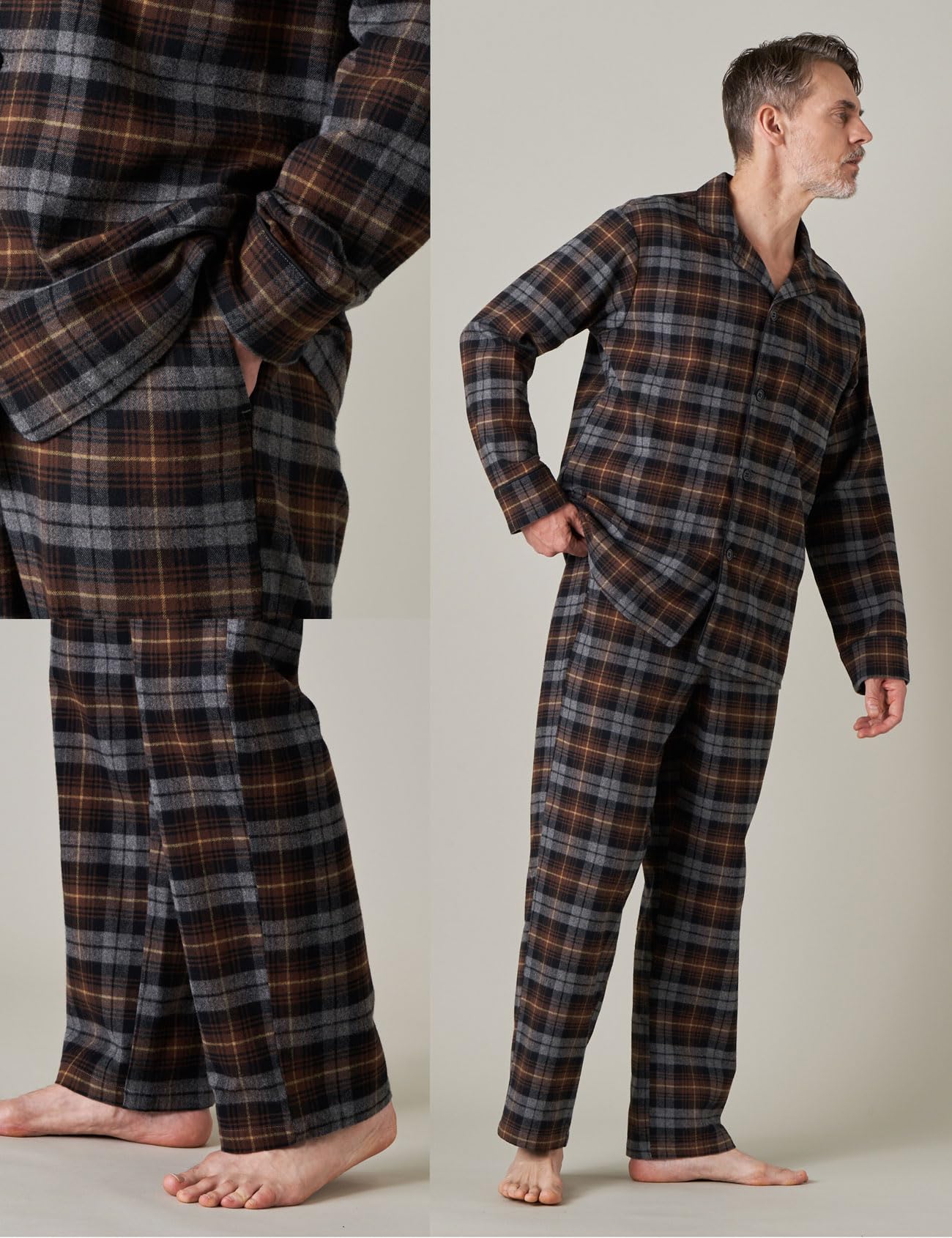 LAPASA 100% Cotone Flanella Completo Pigiama da Uomo a Quadri con Tasche e Coulisse, Set Maglia & Pantaloni M95