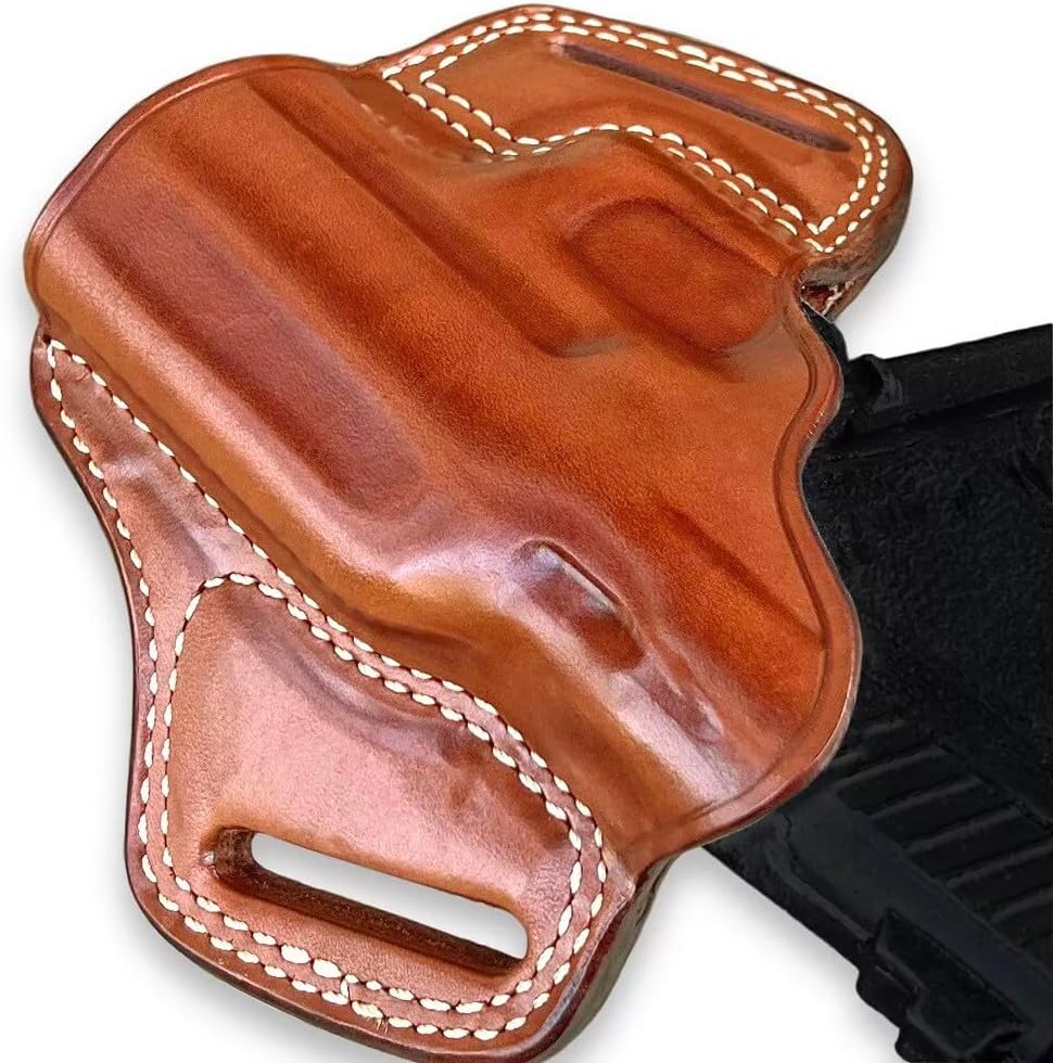 Masc Leather OWB Pancake Holster with Open Top Fits USP, VP9, P2000, P30L, P7 M8, 45C, Right Hand Draw, Brown Color (P7 M8 Cal. 9x19mm Parabellum 4.1") #1028#