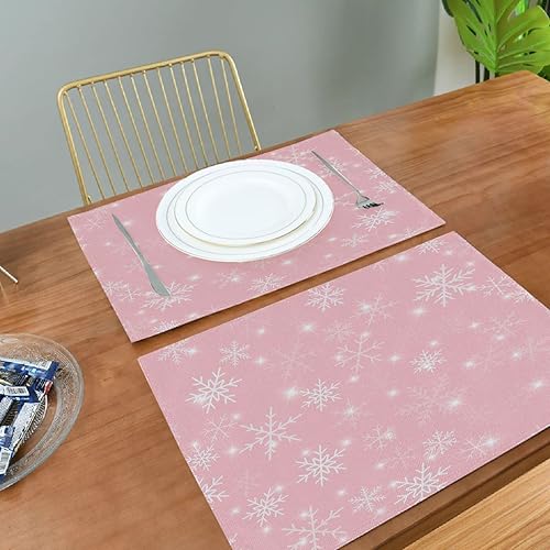 Miniatura 3 de Juego de 6 manteles individuales de color blanco con copos de nieve rosados, lavables para cocina, mesa de comedor, resistentes al calor, tapetes