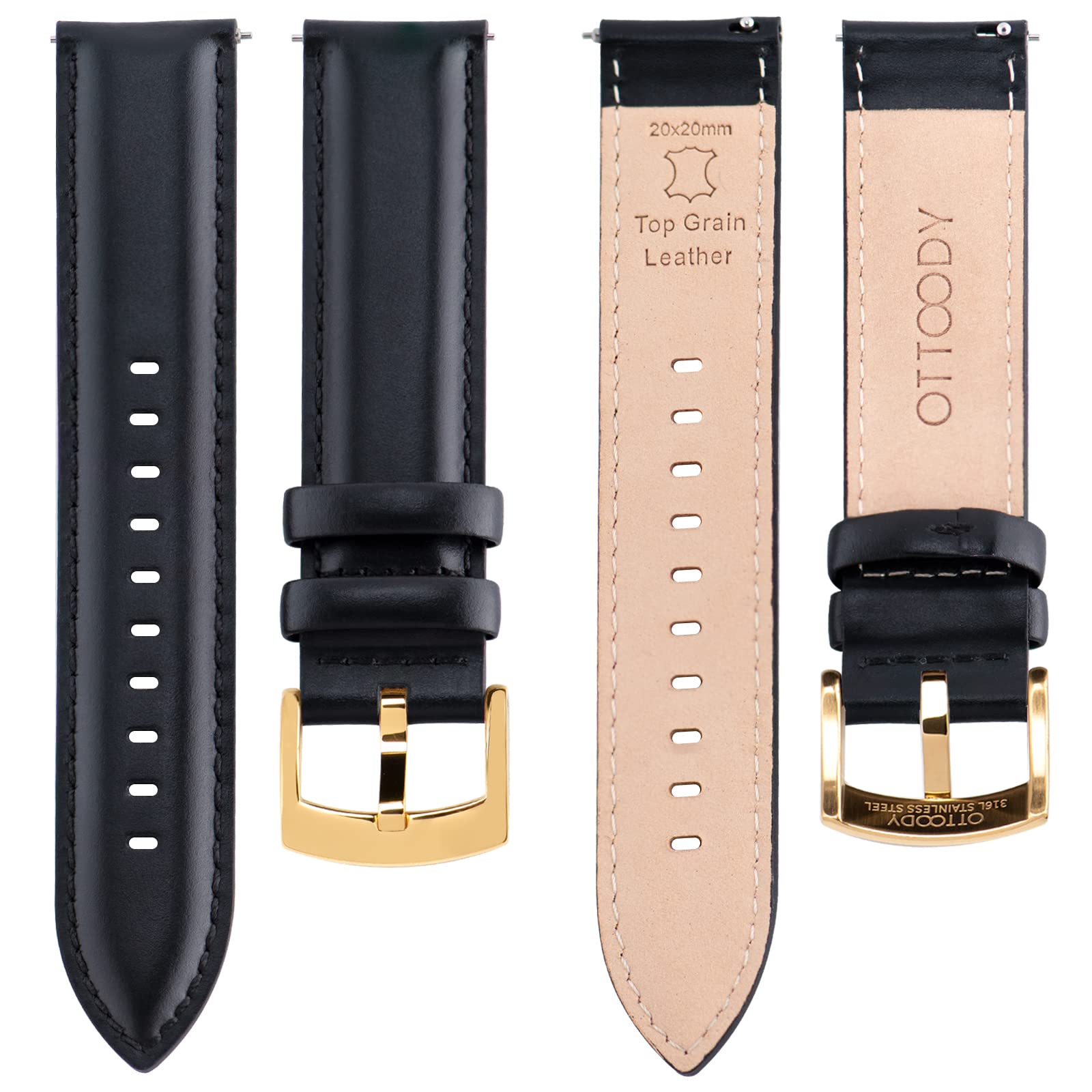 OTTOODY Uhrenarmband aus Leder mit Schnellentriegelung, 18 mm, 20 mm, 22 mm, elegantes genarbtes Lederarmband für Damen und Herren