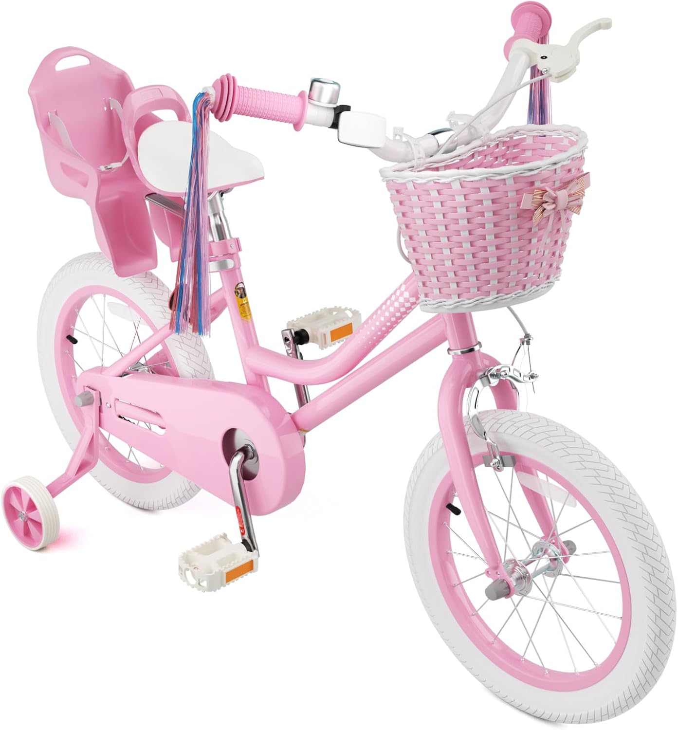 KORIMEFA Girls Bikes Ages 2-4 3-5 5-7 with Training Wheels 12 14 16 Inch, Little Small Kids Toddler Bicycle with Streamers, Basket and Doll Seat, Coaster Brake, Birthday Gift