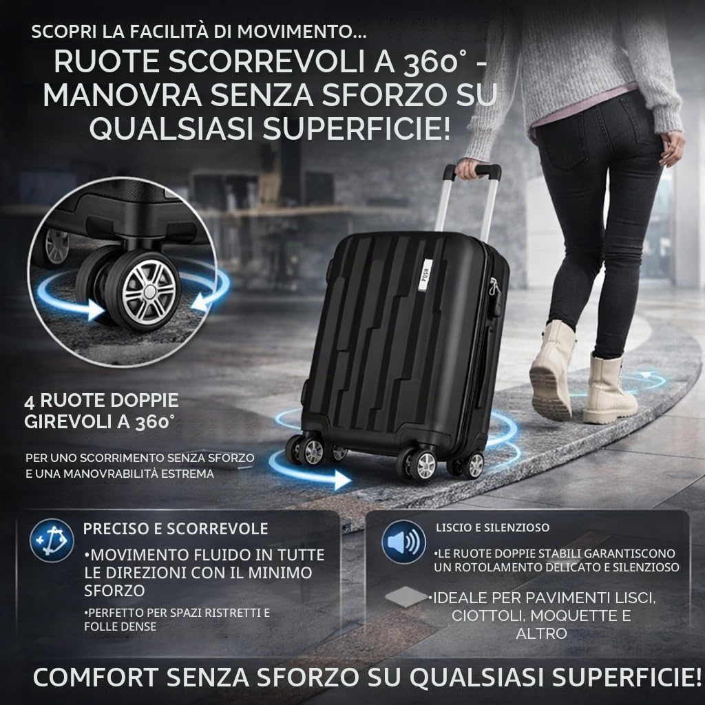 POSH Valigia 55x40x23 cm - Trolley Rigido in ABS Leggero da 35L - Bagaglio a Mano con Lucchetto a Combinazione e 4 Ruote 360° - Peso 2,5 kg - Ideale per Viaggi fino a 4 Giorni