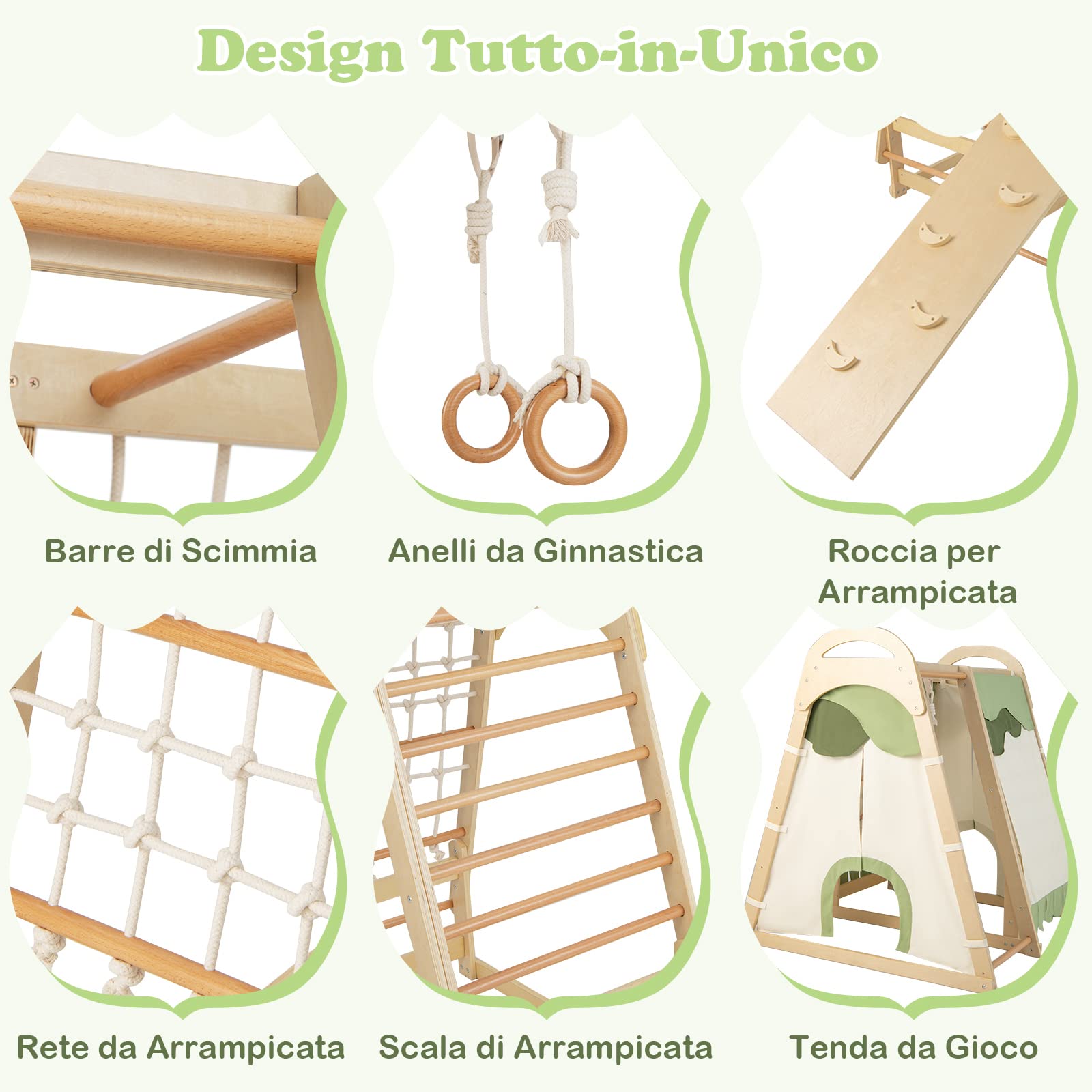COSTWAY 6 in 1 Parco Giochi per Bambini, Set Arrampicata in Legno con Scivolo, Anelli da Ginnastica, Rete da Arrampicata, Palestra da Interno per Bambini (Naturale)