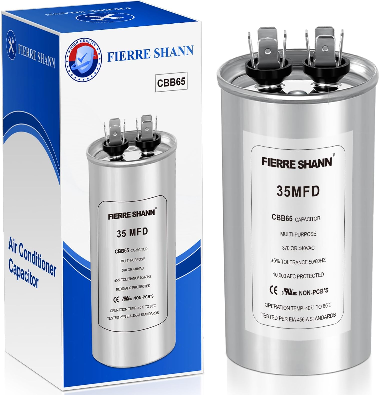 35 uF/MFD Capacitor for AC, 370 or 440 VAC CBB65 Dual Run Round Capacitors for AC Motor Run, Fan Start, Condenser Straight Cool, Heat Pump, Air Conditioner, and Pool Pump