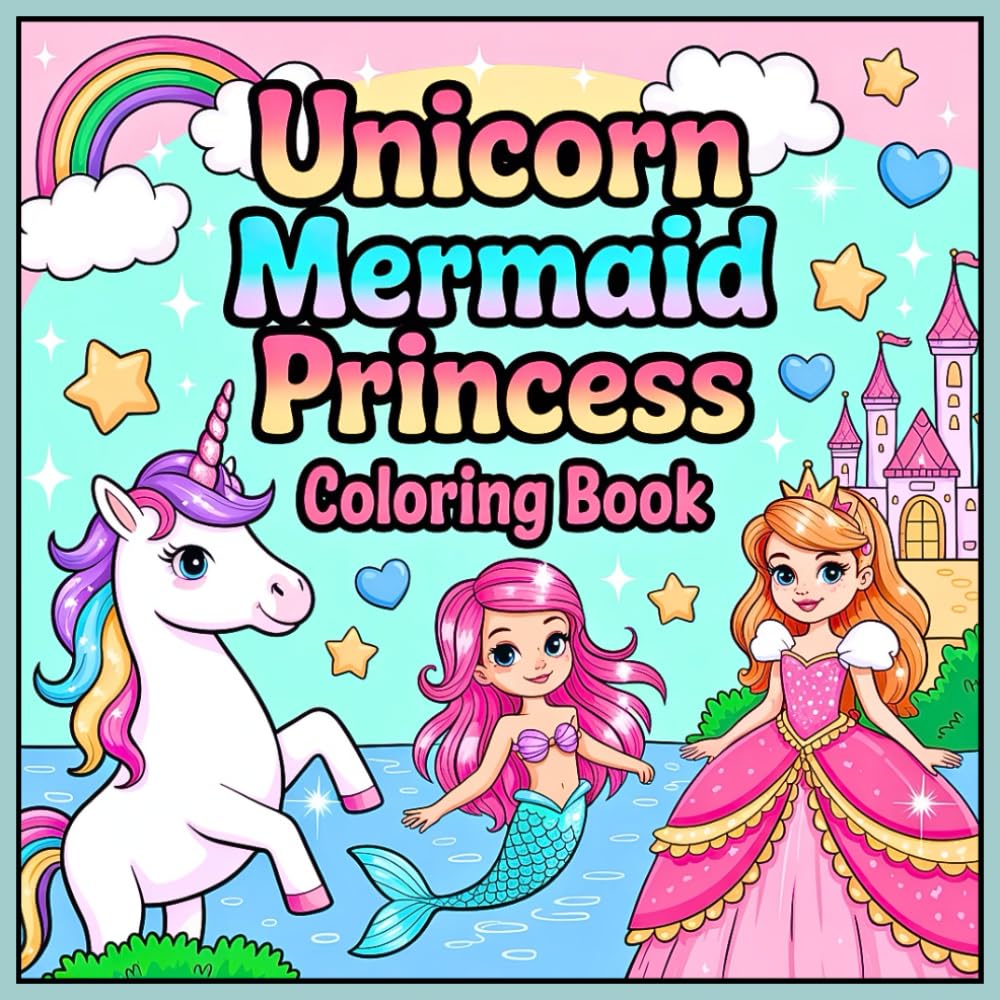 Unicorn Mermaid Princess Coloring Book: Cute Kawaii Illustrations for Kids Ages 4-10