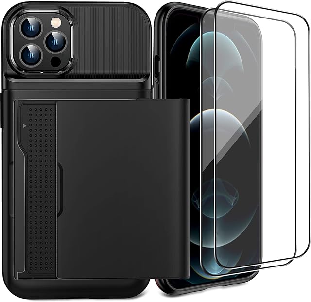 SUPBEC for iPhone 12 Pro Max Case with Card Holder Slot and [ Screen Protector Tempered Glass x2] Full Protective iPhone 12 Pro Max Wallet Case with Shockproof Silicone TPU + Hard PC, 6.7", Black