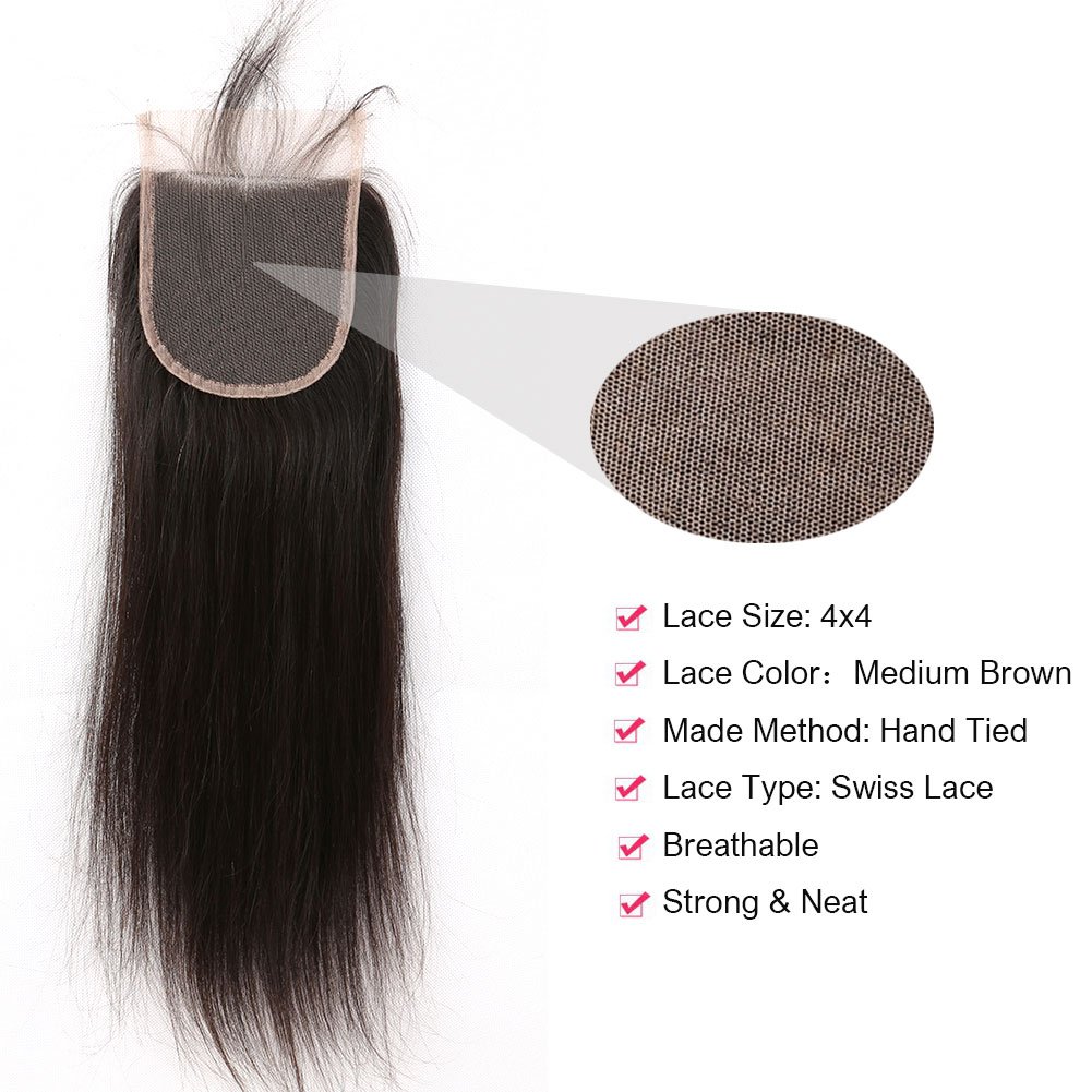 4x4 Lace Closure Straight Human Hair Free Part 100% Unprocessed Brazilian Virgin Hair Closure with Baby Hair Bleached Knot Natural Color 14"