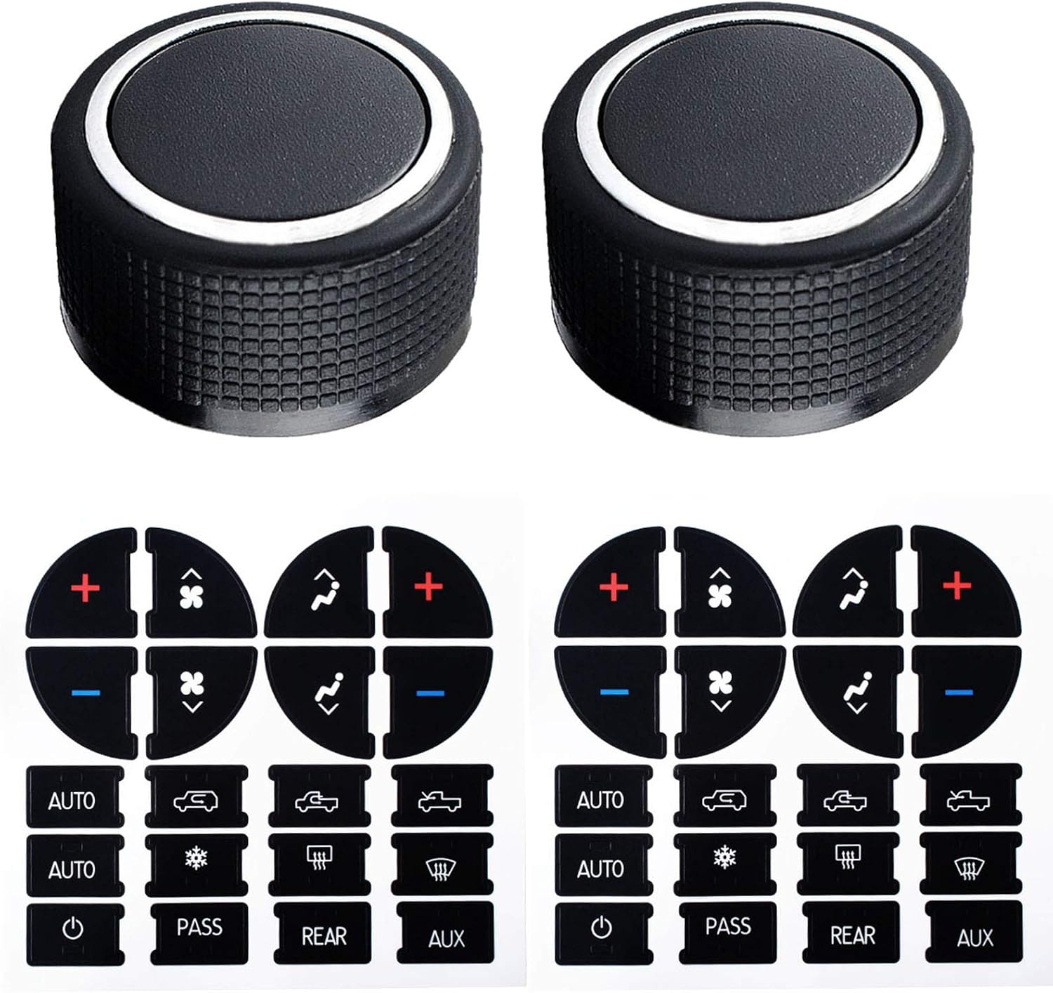 Rear Radio Knobs (2 Packs) with AC Dash Button Stickers (2 Packs) Compatible with 2007-2013 Chevy Tahoe Chev-rolet Silverado Buick Enclave GM 22912547