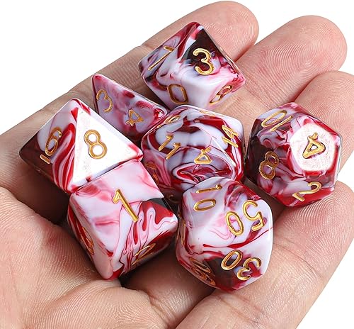 Vista 21 de CiaraQ DND - Juego de dados poliédricos con una bolsa de dados negra para juegos de mesa de rol D&D RPG MTG Rojo mezclado con naranja + purpurina