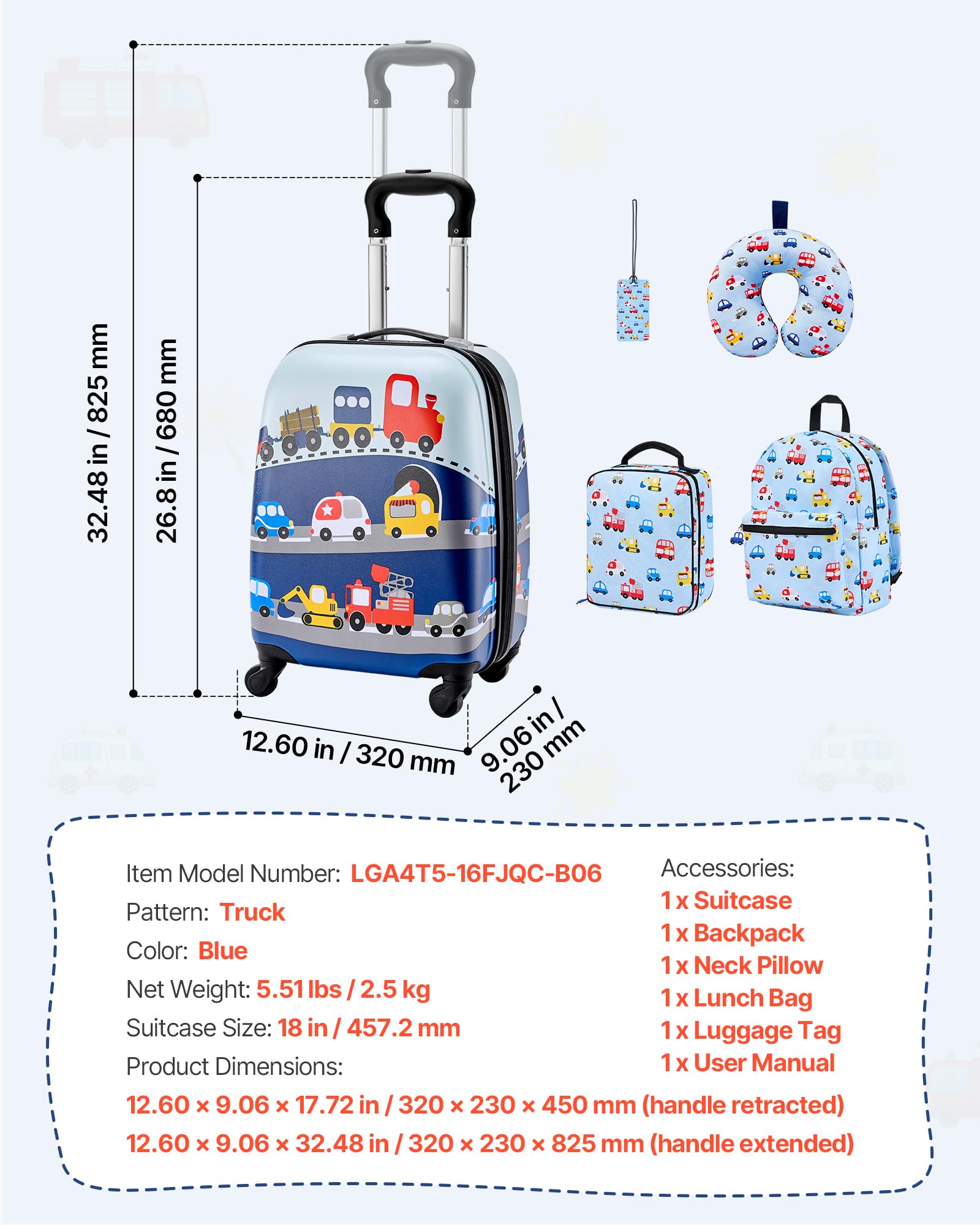 VEVOR Set di Valigie per Bambini 5 Pezzi con Ruote da 45,7 cm, Zaino e Cuscino a U, Set di Valigie da Viaggio da Vacanza, Regalo di Compleanno per Bambini, Approvato dalle Compagnie Aeree