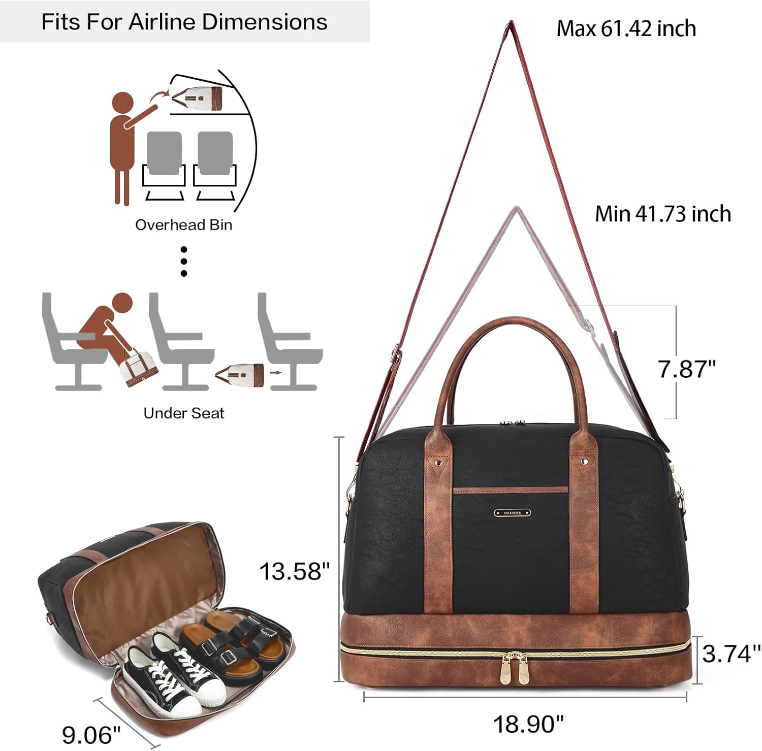 BOSTANTEN Weekender Bags for Women Leather Travel Duffel Overnight Bag Large Duffle with Shoe Compartment &Trolley Sleeve