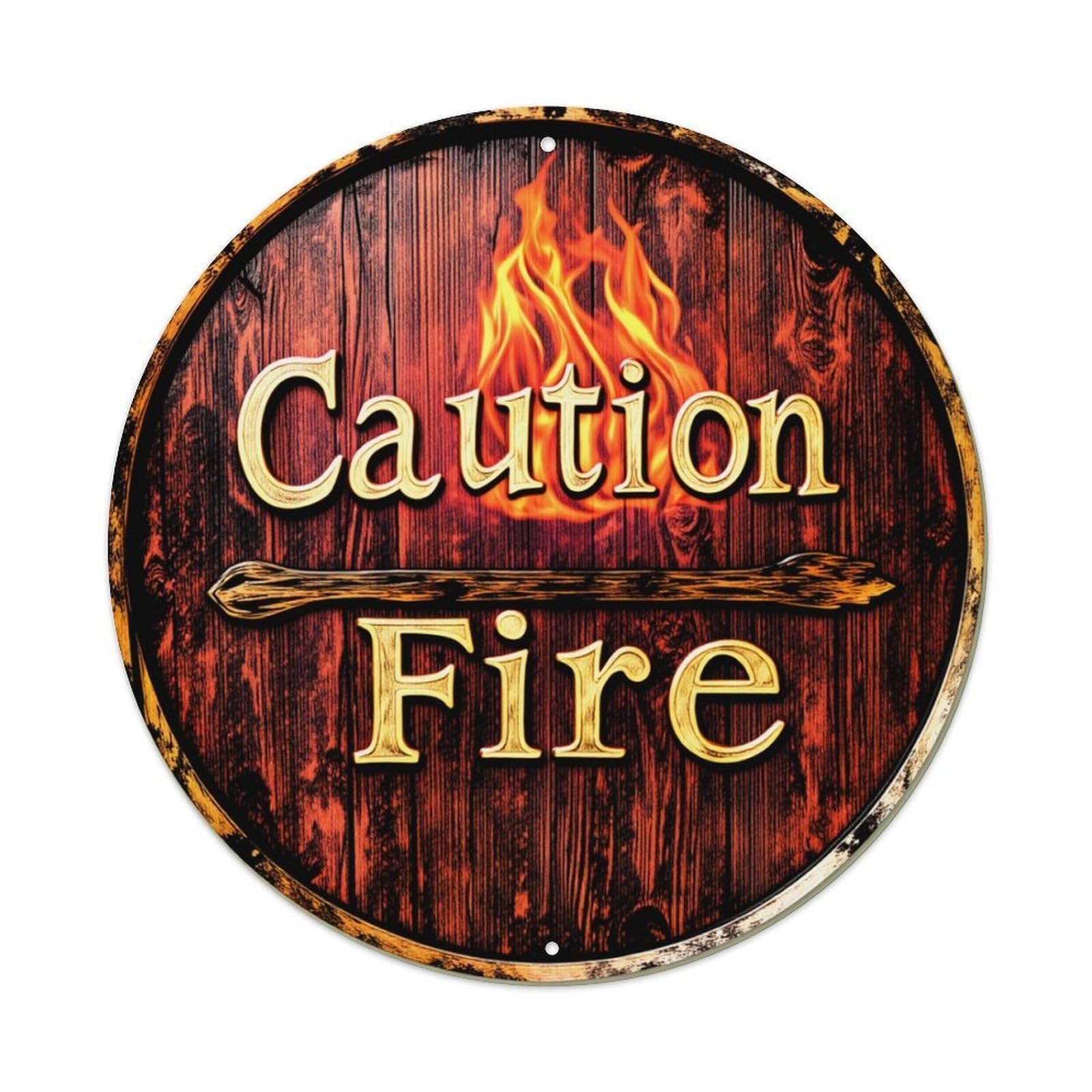 Caution Fire Sign Wood Flame Round Tin Sign Retro Metal Sign for Cafe Bar Pub Home Game Room Gym Club Wall Decoration Vintage Metal Poster 8x8 Inch
