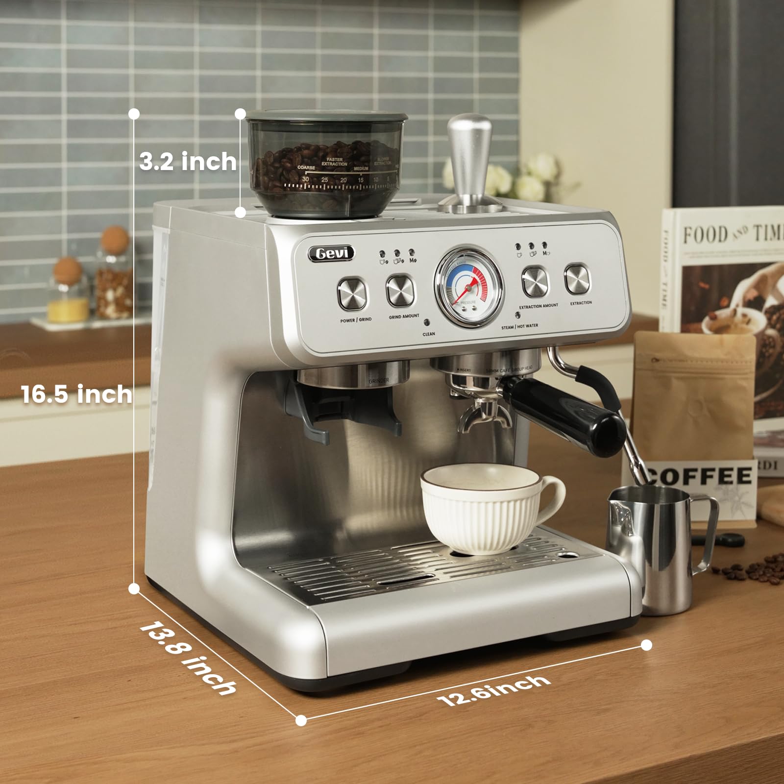 Gevi 2025 Upgrade Siebträger Kaffeemaschine mit Integrierter Kaffeemühle，Dual Boiler Professionelle Espressomaschine，30 Mahlgrade, 20 Bar, 2.8L Wassertank, Edelstahl Barista Kaffeemaschine