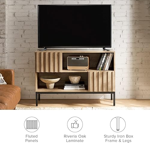 Miniatura 6 de mopio Norwin - Estante de exhibición industrial moderno consola multimedia de madera estantería con patas de metal resistentes panel acanalado