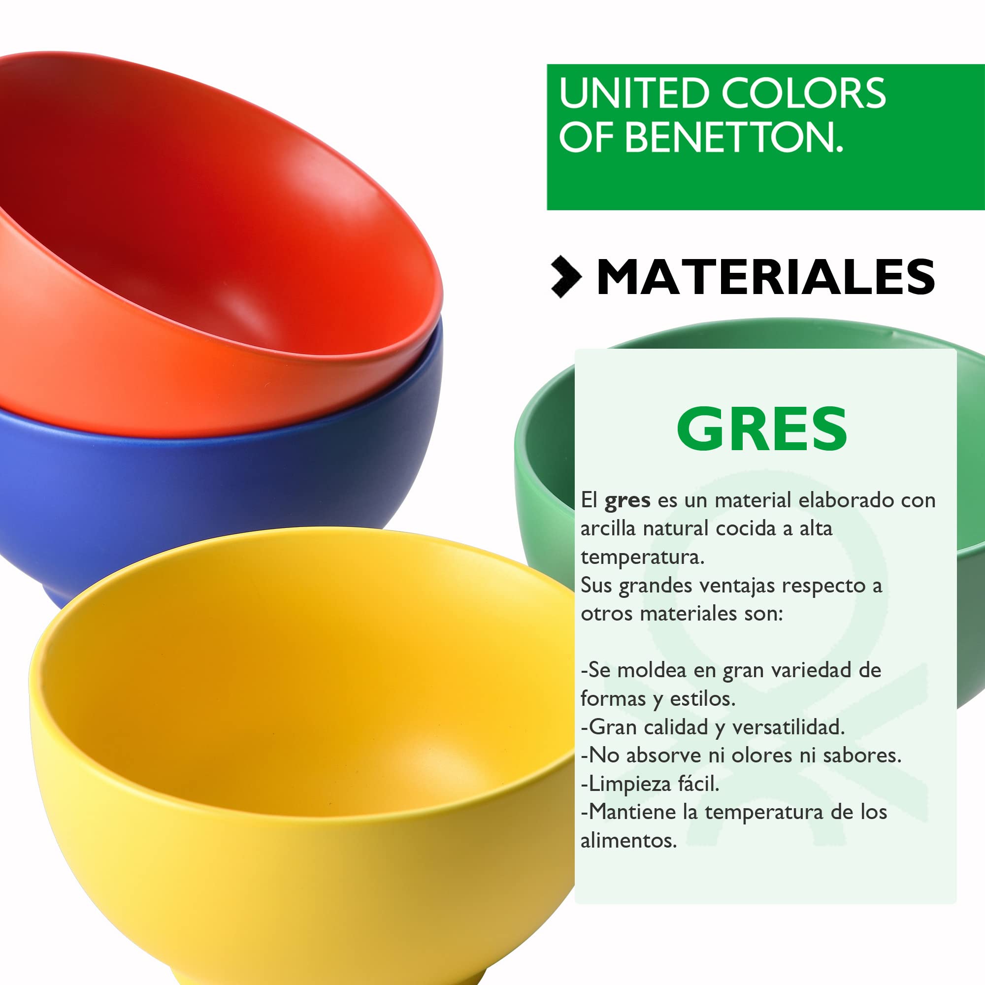 UNITED COLORS OF BENETTON. Rainbow | Bols en faïence | 4 pièces de 650 ml | très durables et résistants | bols pour petit déjeuner résistant au lave-vaisselle | 4 couleurs